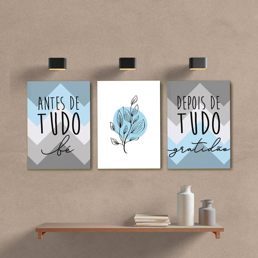 Kit Quadros Decorativos Gratidão Azul e Cinza - quadro decorativo em ambiente decorado