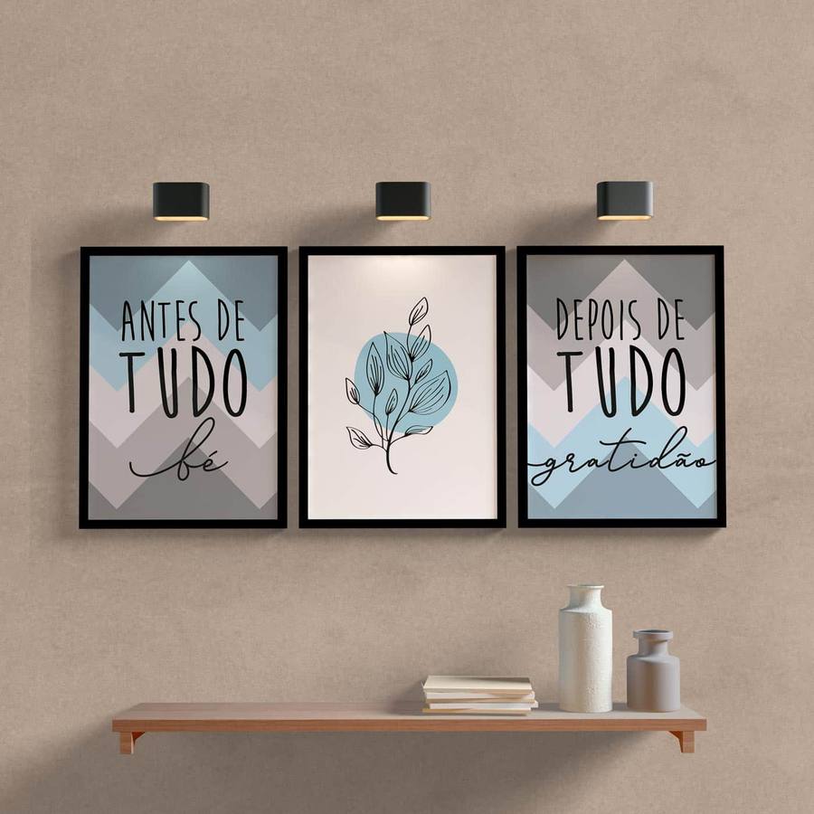 Kit Quadros Decorativos Gratidão Azul e Cinza - detalhe da moldura e acabamento