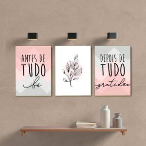 Kit Quadros Decorativos Gratidão Rosa e Cinza - quadro decorativo em ambiente decorado