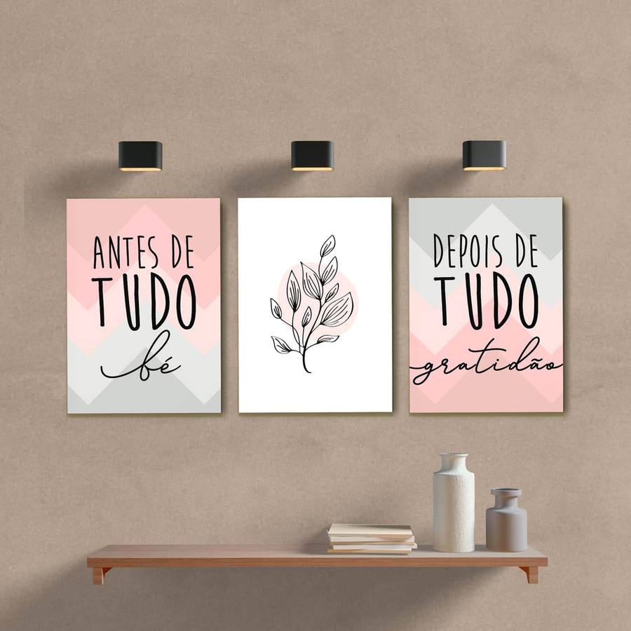 Kit Quadros Decorativos Gratidão Rosa e Cinza - quadro decorativo em ambiente decorado