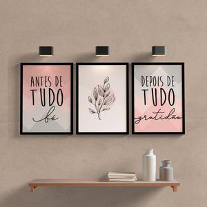 Kit Quadros Decorativos Gratidão Rosa e Cinza - detalhe da moldura e acabamento