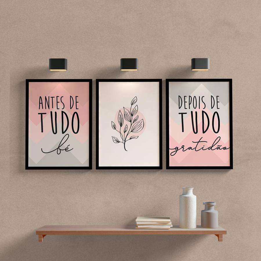 Kit Quadros Decorativos Gratidão Rosa e Cinza - detalhe da moldura e acabamento