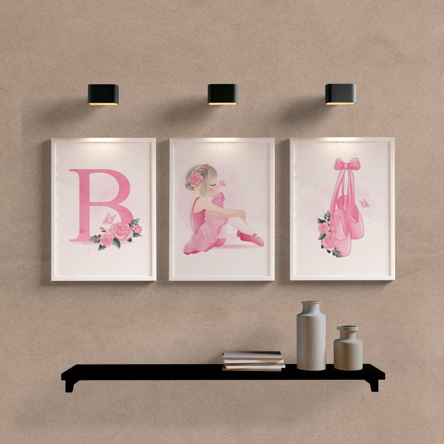 Kit Quadros Decorativos Infantil Bailarina Personalizado com Letra do nome - detalhe da moldura e acabamento