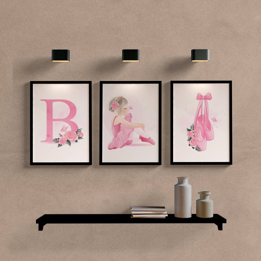 Kit Quadros Decorativos Infantil Bailarina Personalizado com Letra do nome - quadro decorativo em ambiente decorado