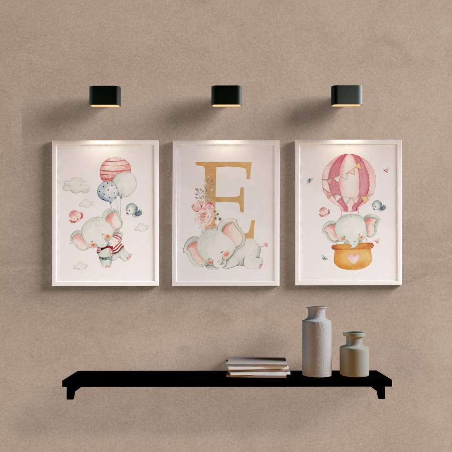 Kit Quadros Decorativos Infantil Elefante Aquarela - detalhe da moldura e acabamento