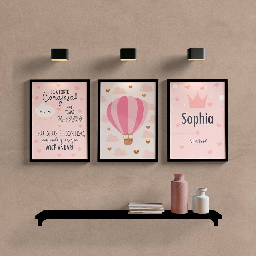 Kit Quadros Decorativos Infantil Seja Forte Nome Personalizado - detalhe da moldura e acabamento