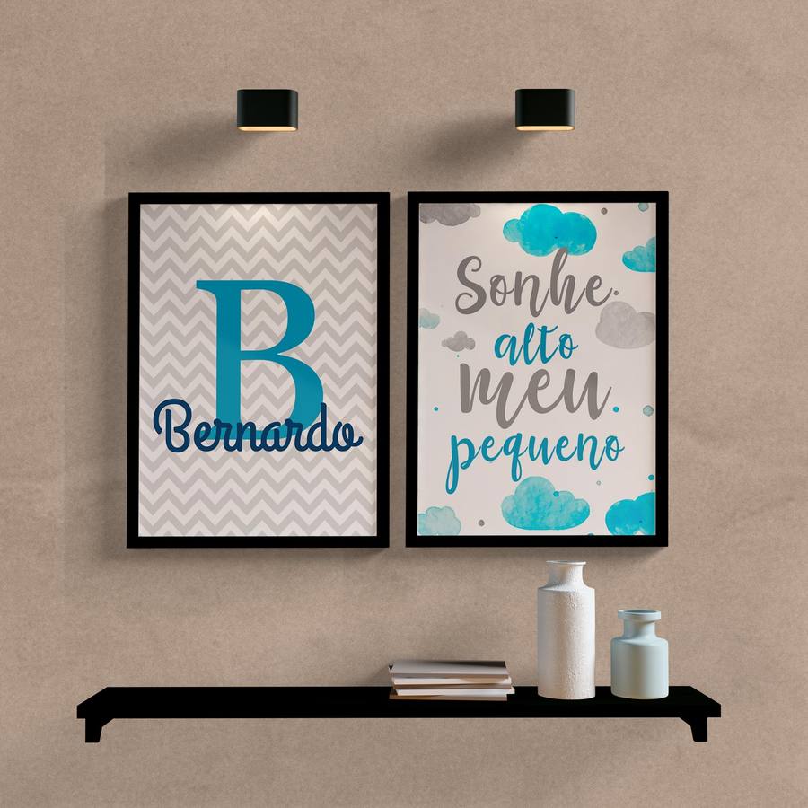 Kit Quadros Decorativos Infantil Sonhe Alto com Nome Personalizado - detalhe da moldura e acabamento