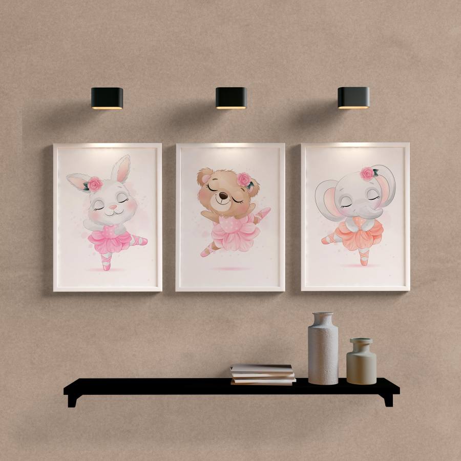 Kit Quadros Decorativos Infantil Ursinhos Bailarinos - detalhe da moldura e acabamento