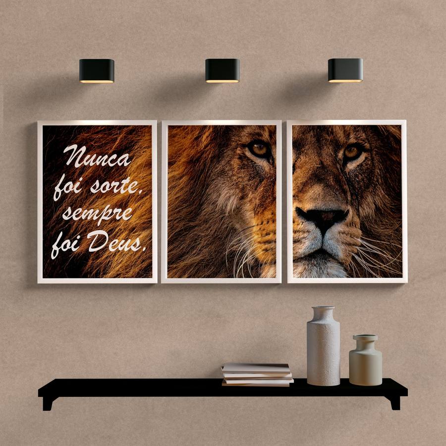 Kit Quadros Decorativos Leão Nunca Foi Sorte - detalhe da moldura e acabamento