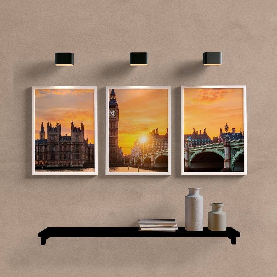 Kit Quadros Decorativos Londres Sunset - detalhe da moldura e acabamento