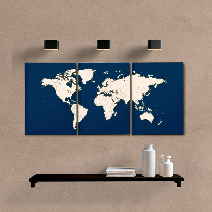 Kit Quadros Decorativos Mapa Mundi Azul e Bege - quadro decorativo em ambiente decorado