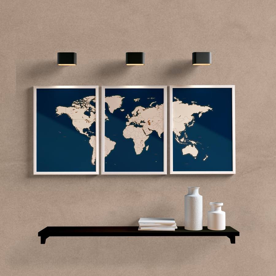 Kit Quadros Decorativos Mapa Mundi Azul e Bege - detalhe da moldura e acabamento