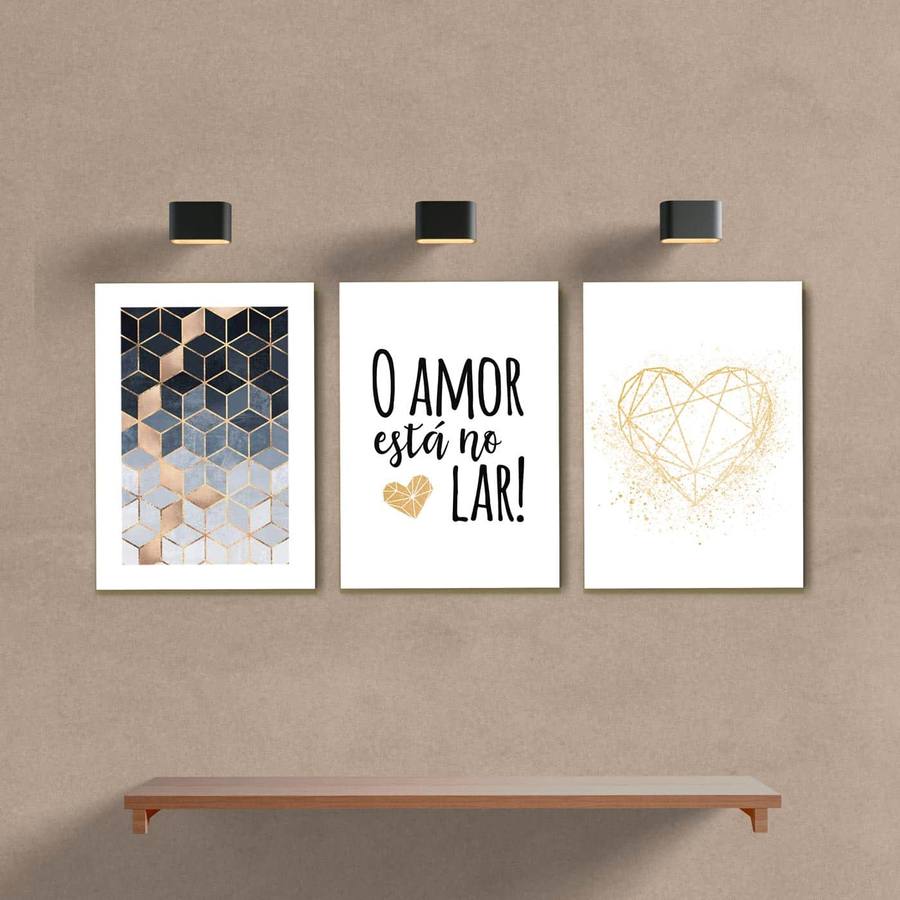 Kit Quadros Decorativos O amor está nos lar azul e dourado - quadro decorativo em ambiente decorado