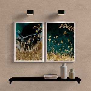 Kit Quadros Decorativos Paisagem Abstrata Verde e Dourado - detalhe da moldura e acabamento