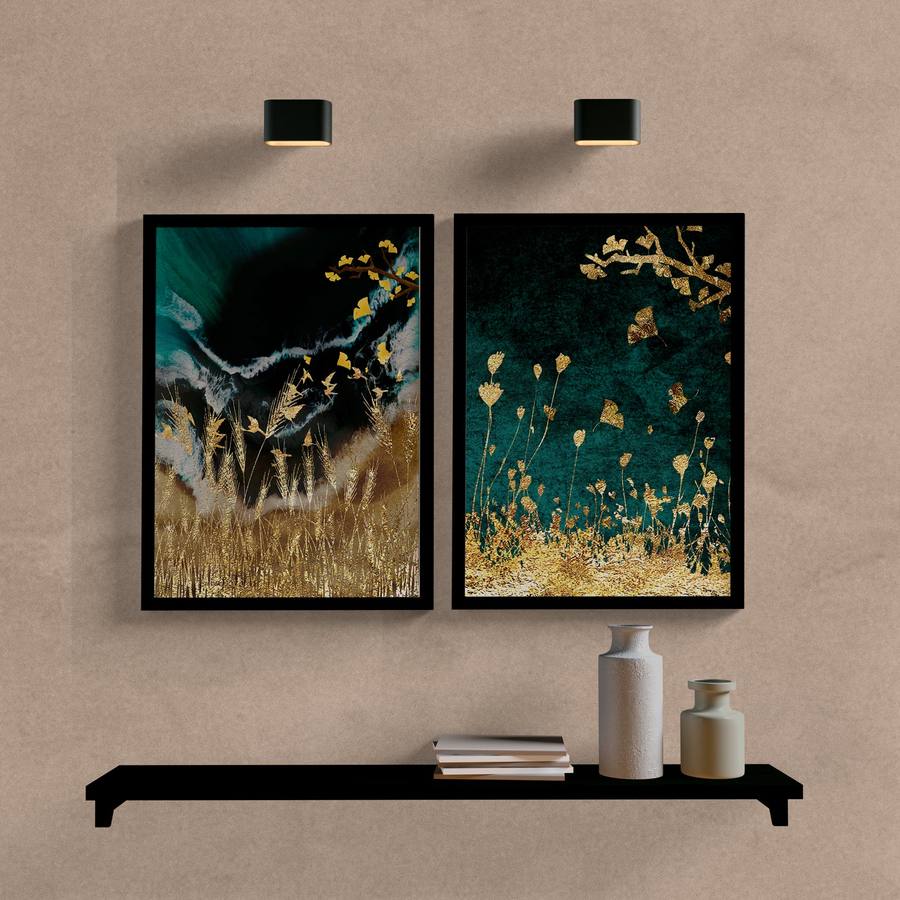 Kit Quadros Decorativos Paisagem Abstrata Verde e Dourado - quadro decorativo em ambiente decorado