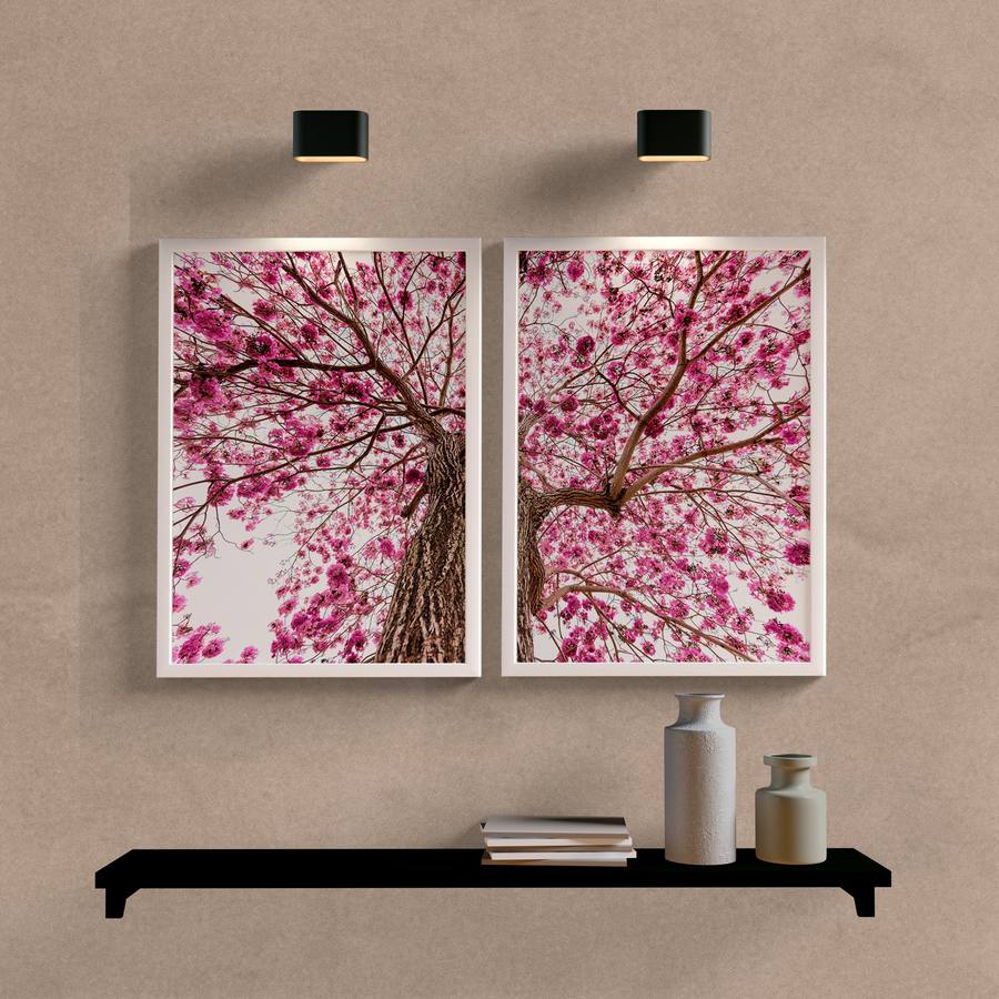 Kit Quadros Decorativos Paisagem Árvore Rosa - detalhe da moldura e acabamento