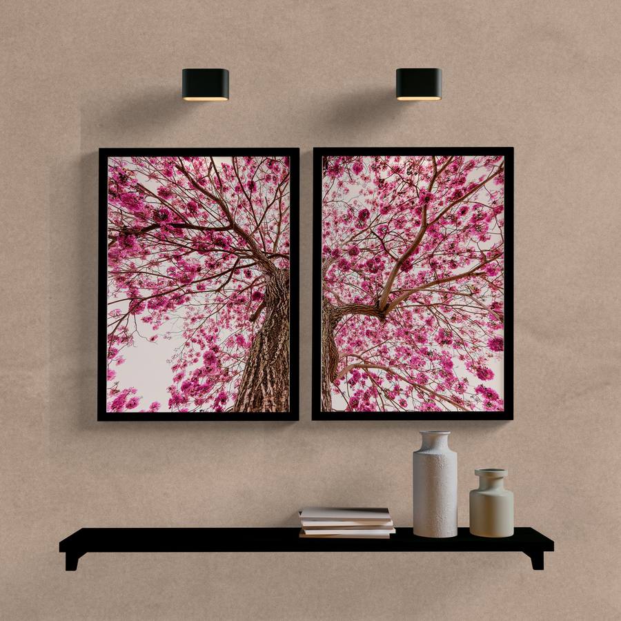 Kit Quadros Decorativos Paisagem Árvore Rosa - quadro decorativo em ambiente decorado
