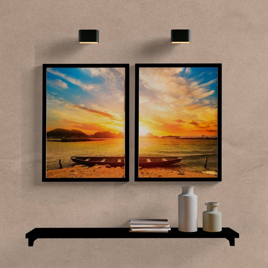 Kit Quadros Decorativos Paisagem Canoa - detalhe da moldura e acabamento