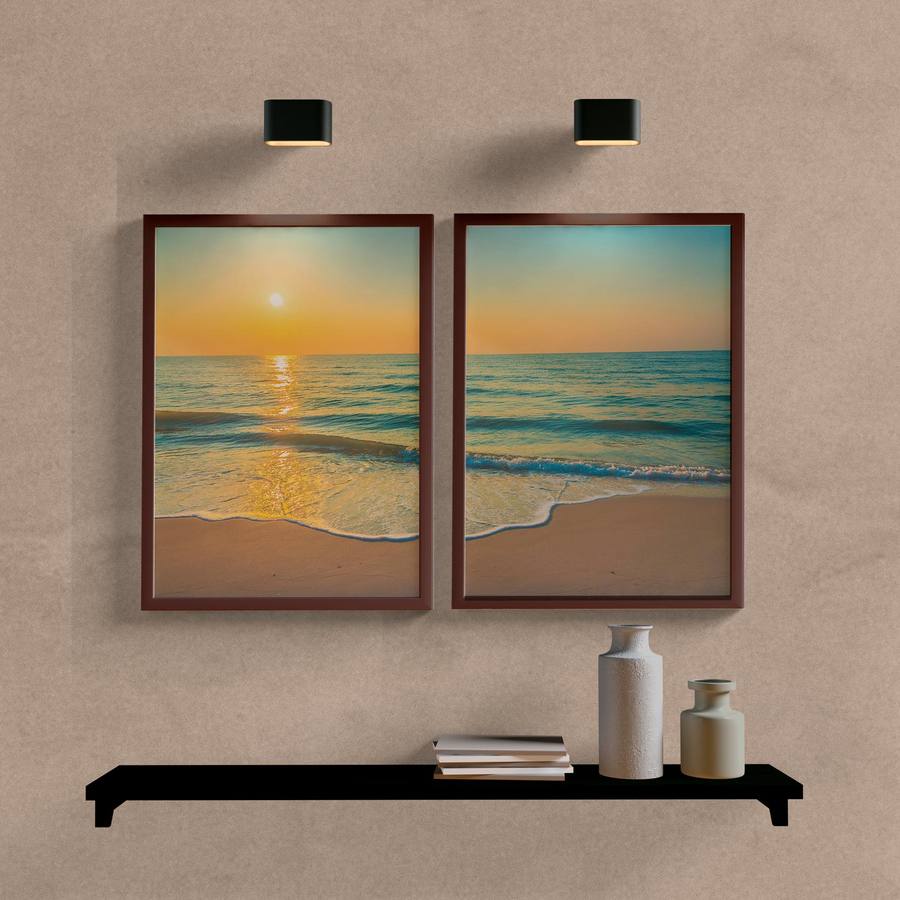 Kit Quadros Decorativos Paisagem Mar com Sol - quadro decorativo em ambiente decorado