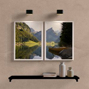 Kit Quadros Decorativos Paisagem Montanha com Barco e Lago - quadro decorativo em ambiente decorado