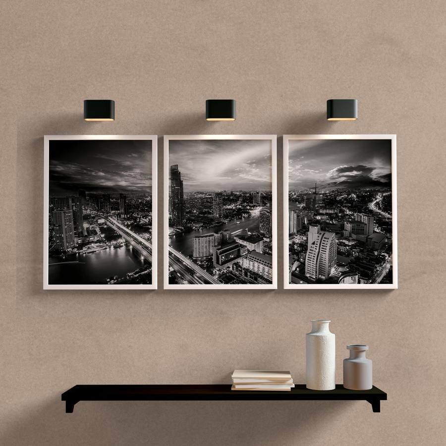 Kit Quadros Decorativos para Sala Prédios Branco e Preto - detalhe da moldura e acabamento