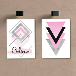 Kit Quadros Decorativos Rosa e Cinza Believe - quadro decorativo em ambiente decorado