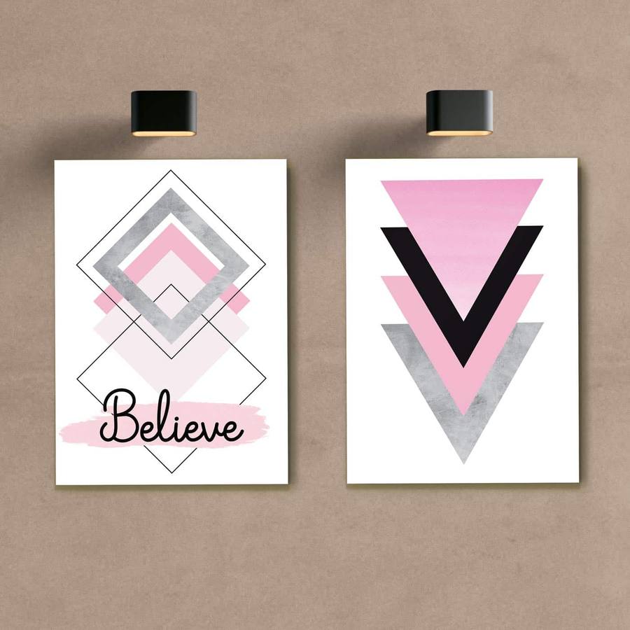Kit Quadros Decorativos Rosa e Cinza Believe - quadro decorativo em ambiente decorado