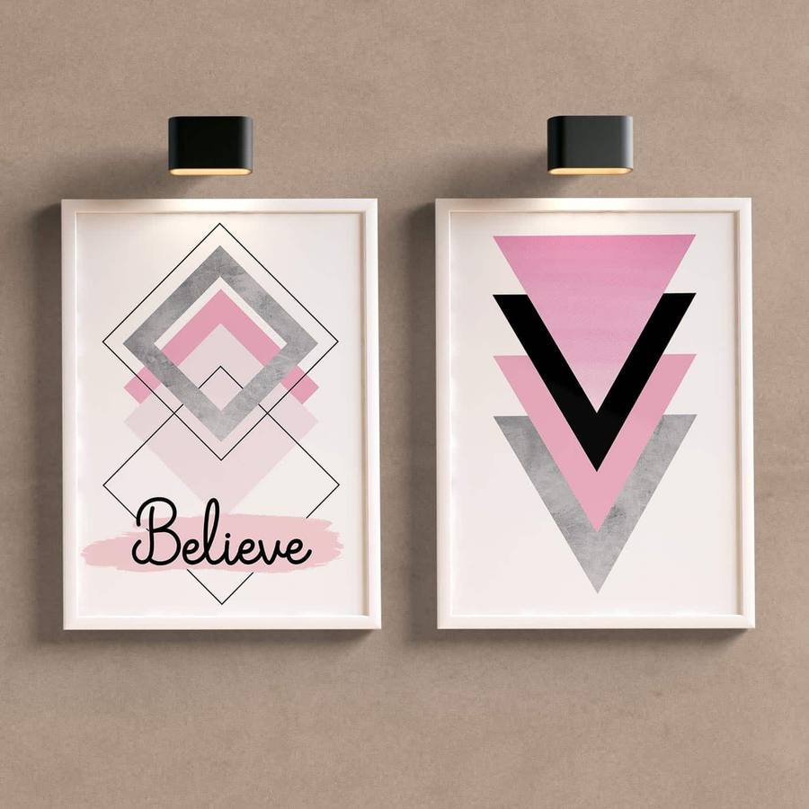Kit Quadros Decorativos Rosa e Cinza Believe