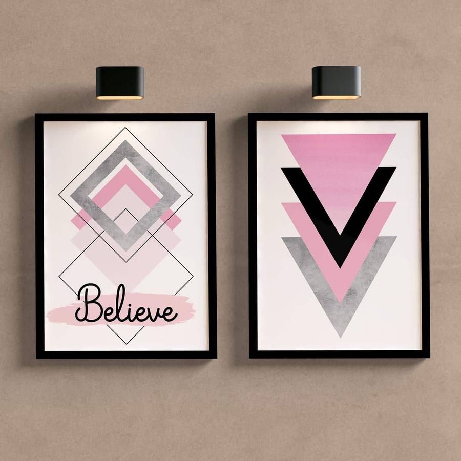Kit Quadros Decorativos Rosa e Cinza Believe - detalhe da moldura e acabamento