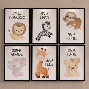 Kit Quadros Decorativos Safari Tons Pasteis - Exemplo 6 quadros - detalhe da moldura e acabamento
