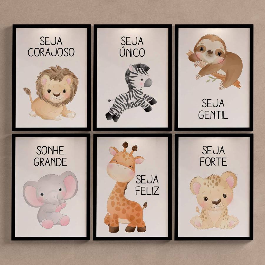 Kit Quadros Decorativos Safari Tons Pasteis - Exemplo 6 quadros - detalhe da moldura e acabamento