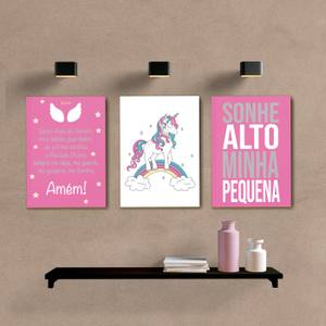 Kit Quadros Decorativos Unicórnio Rosa - quadro decorativo em ambiente decorado