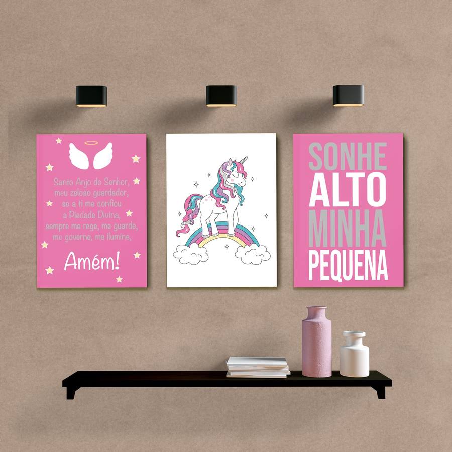 Kit Quadros Decorativos Unicórnio Rosa - quadro decorativo em ambiente decorado