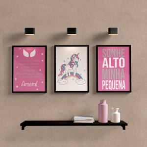 Kit Quadros Decorativos Unicórnio Rosa - detalhe da moldura e acabamento