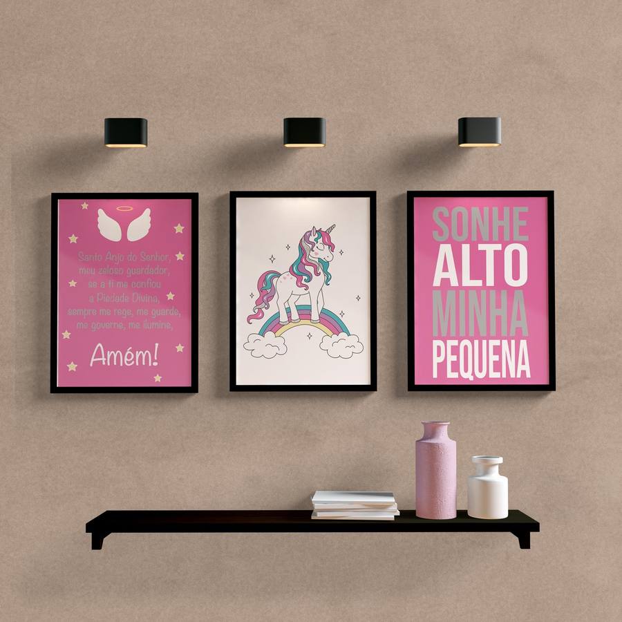 Kit Quadros Decorativos Unicórnio Rosa - detalhe da moldura e acabamento