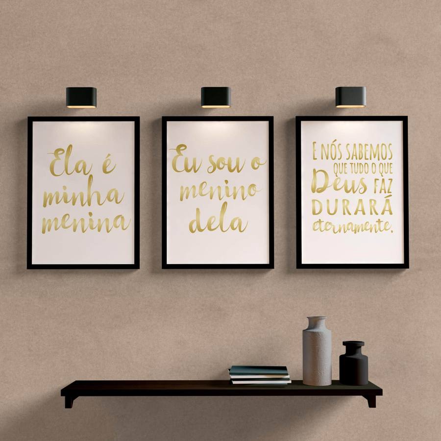Kit Quadros Decorativos Ela é Minha Menina Dourado - detalhe da moldura e acabamento