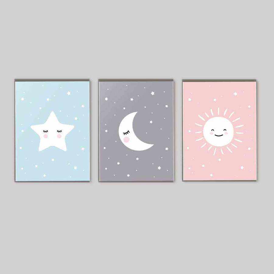 Kit Quadros Infantil Estrela, Lua e Sol - quadro decorativo em ambiente decorado