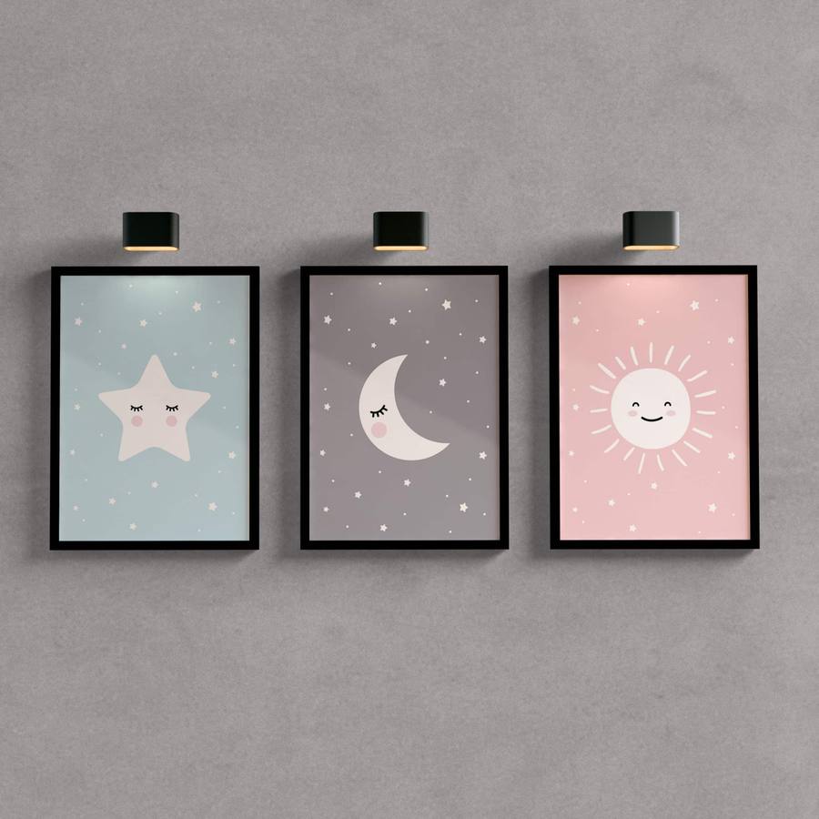 Kit Quadros Infantil Estrela, Lua e Sol - detalhe da moldura e acabamento