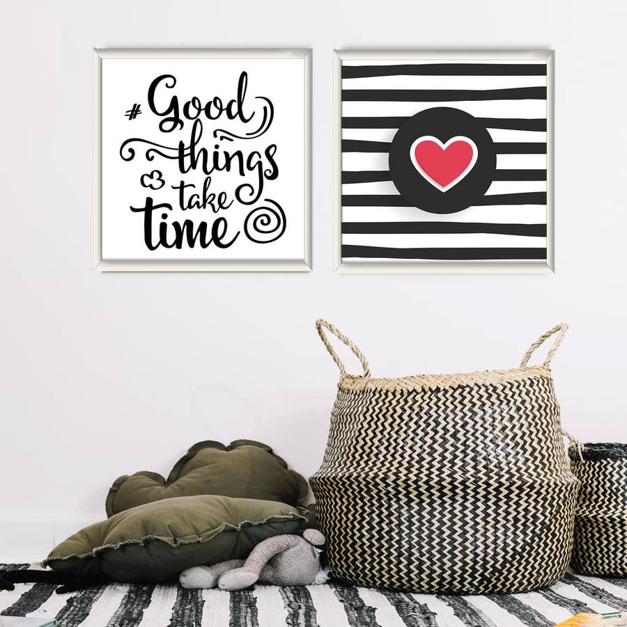 Kit Quadros Decorativos Sala ou Quarto Coisas boas levam tempo - quadro decorativo em ambiente decorado
