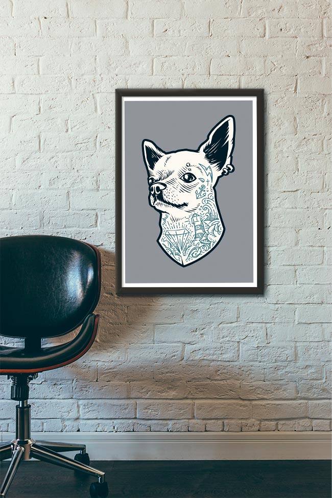 Quadro Decorativo Chihuahua tatuado - vista aproximada da impressão