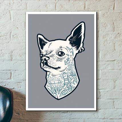 Quadro Decorativo Chihuahua tatuado - detalhe da moldura e acabamento
