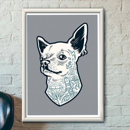 Quadro Decorativo Chihuahua tatuado - quadro decorativo em ambiente decorado