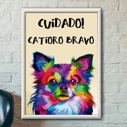 Quadro Decorativo Cuidado! Catioro Bravo - quadro decorativo em ambiente decorado