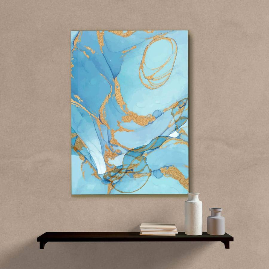 Quadro Decorativo Abstrato Azul e Dourado - quadro decorativo em ambiente decorado