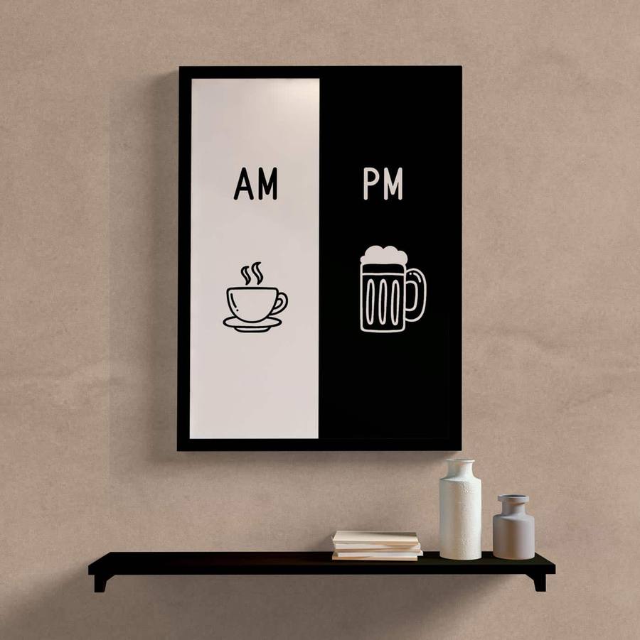 Quadro Decorativo AM café PM cerveja - detalhe da moldura e acabamento