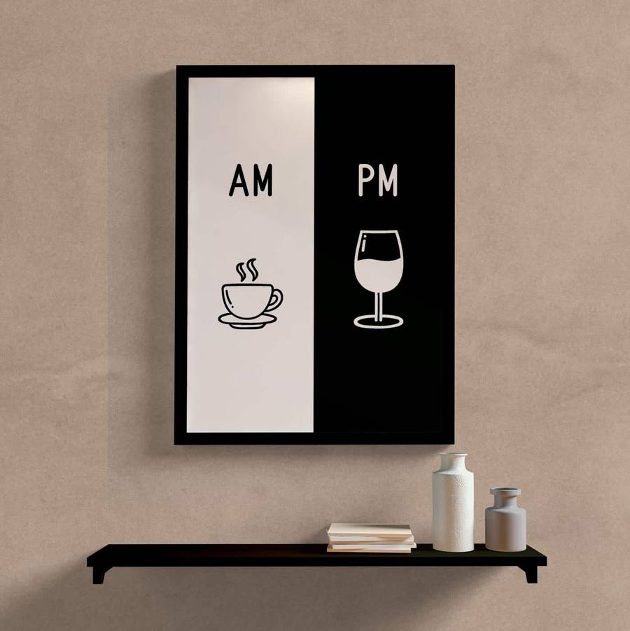 Quadro Decorativo AM café PM vinho - detalhe da moldura e acabamento