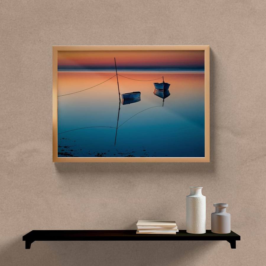 Quadro Decorativo Paisagem Barcos na Areia - quadro decorativo em ambiente decorado