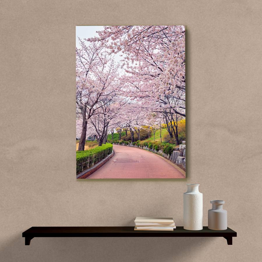 Quadro Decorativo Caminho com Árvores Cerejeiras - quadro decorativo em ambiente decorado