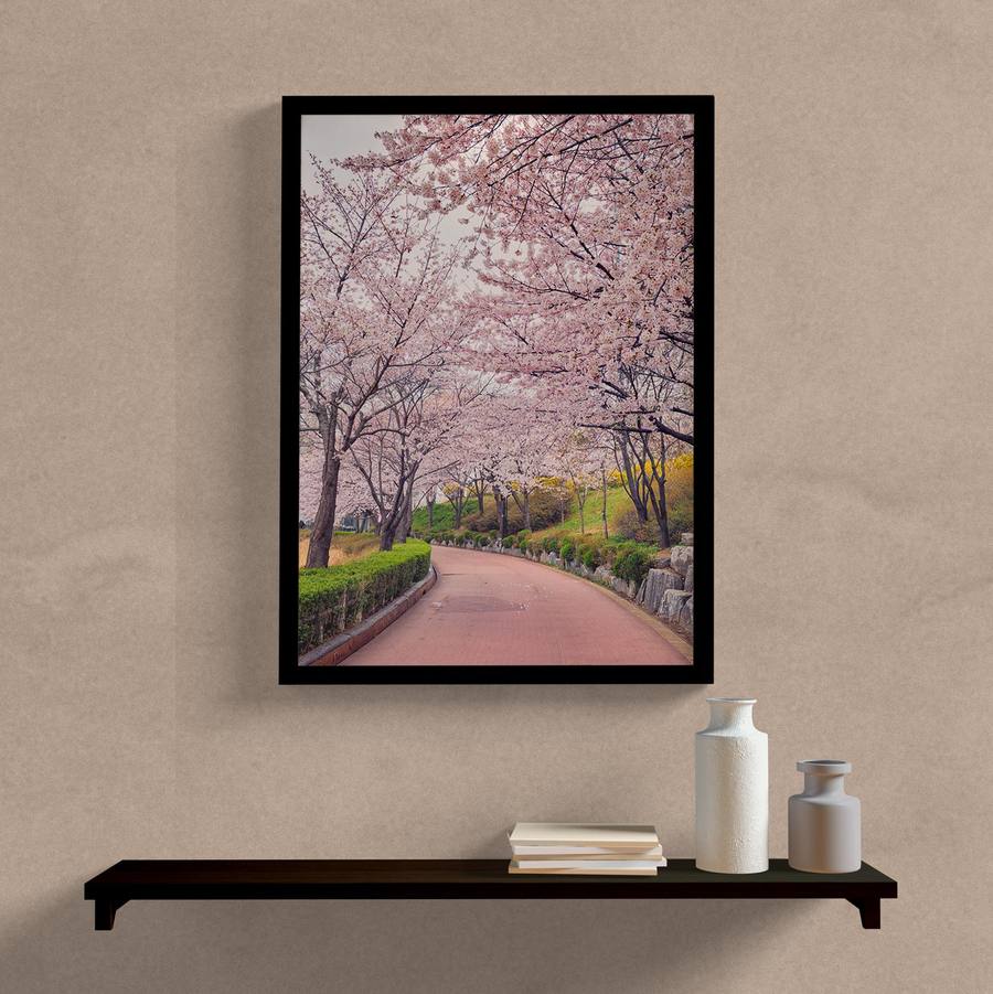 Quadro Decorativo Caminho com Árvores Cerejeiras - detalhe da moldura e acabamento