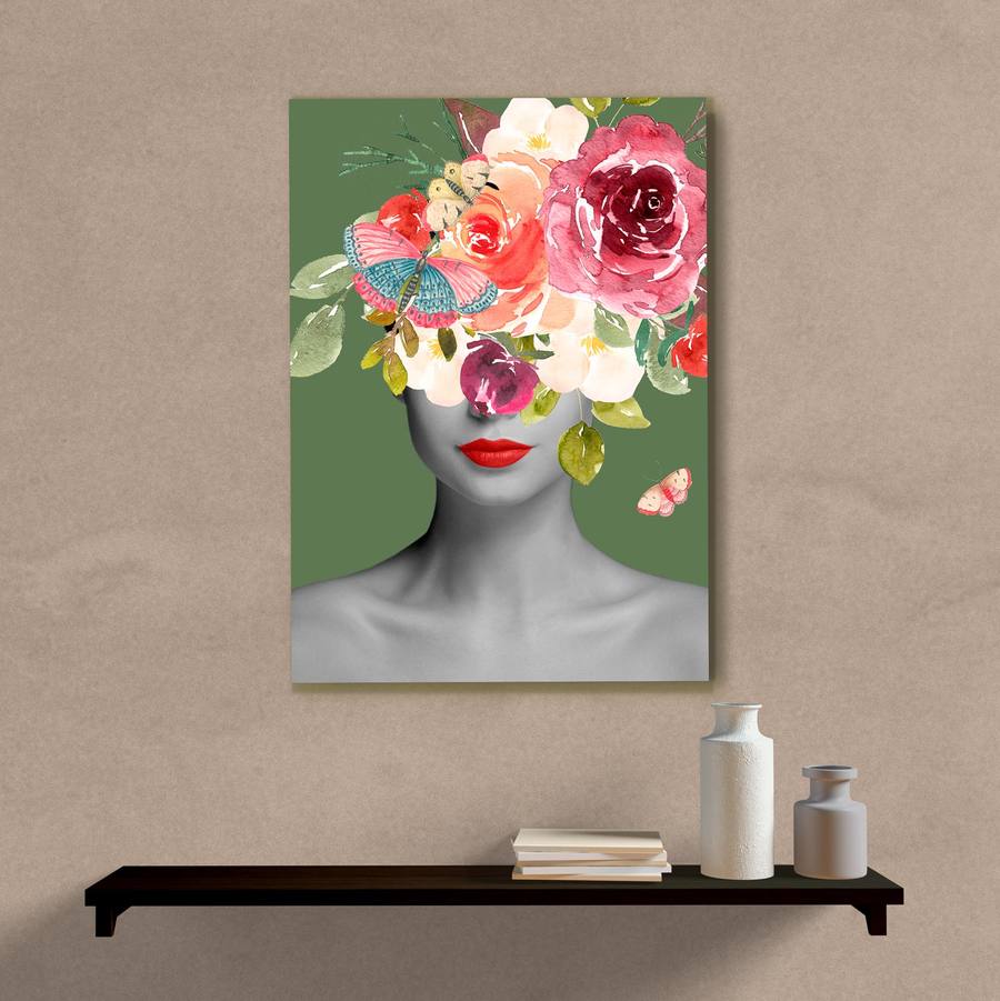 Quadro Decorativo Colagem Mulher com Flores - quadro decorativo em ambiente decorado